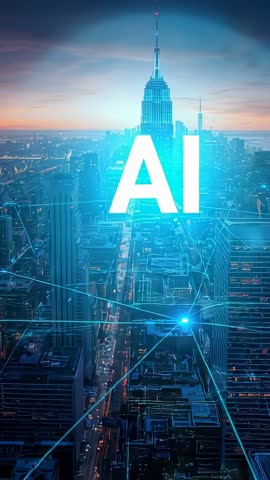 AI network powering Manhattan skyline at sunset with Empire State Building vertical cityscape
