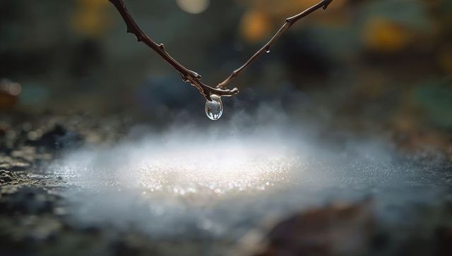 Macro droplet hanging from twig over frosty ground