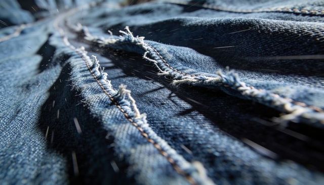 Fraying denim seam macro showing orange topstitching, twill texture and lint detail