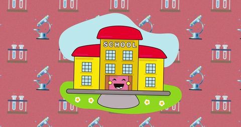 Colorful School Icon on Chemistry Patterned Background