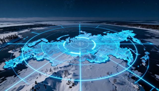 Hovering Holographic Arctic Map Over Frozen Landscape with Glowing Grid Reticle