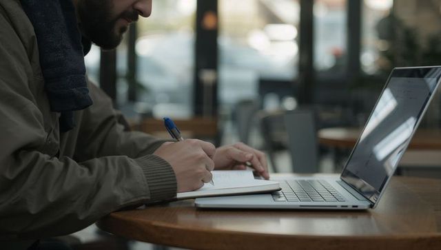 Freelancer working in cafe with laptop and notebook, writing notes during remote work