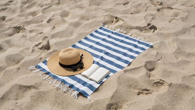 Striped Beach Towel with Straw Hat and Open Book on Sand