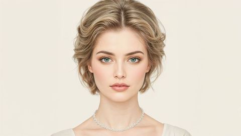 Elegant female beautiful lady with diamond necklace posing against soft background