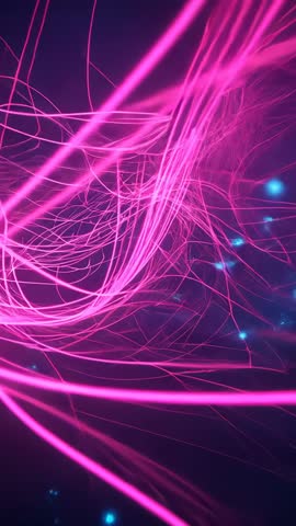 Panning neon-pink filaments sweeping vertical frame with pulsing cyan sparks
