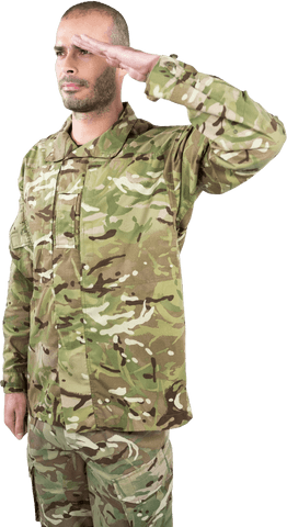 Confident Soldier Saluting in Camouflage on Transparent Background