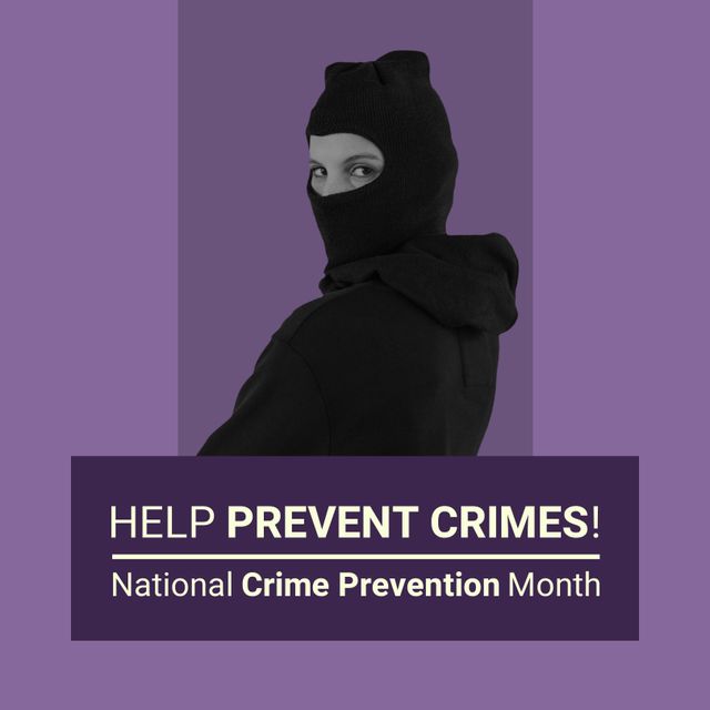 Caucasian burglar wearing balaclava and help prevent crimes, national crime prevention month text. Portrait, composite, purple, copy space, criminal, protection, support, awareness and alertness.