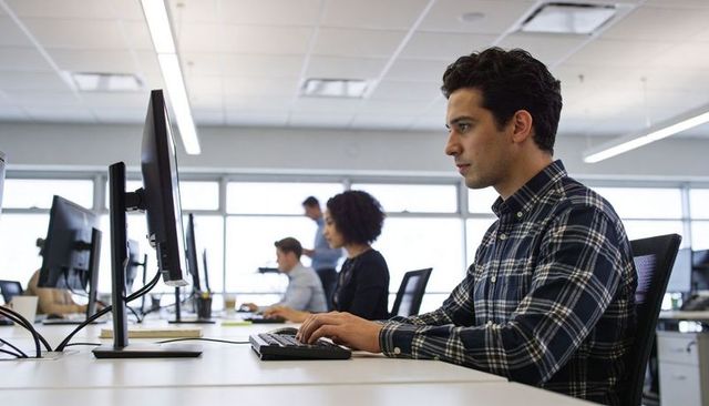 Young professional typing at open-plan office desk with monitors and colleagues