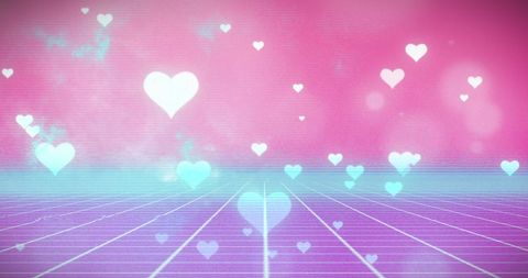 Digital Hearts Falling on Gradient Grid Background