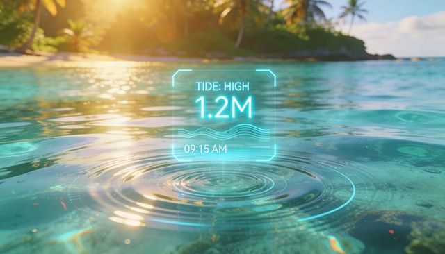 Holographic tide readout over turquoise sea with ripples and sunlit tropical island
