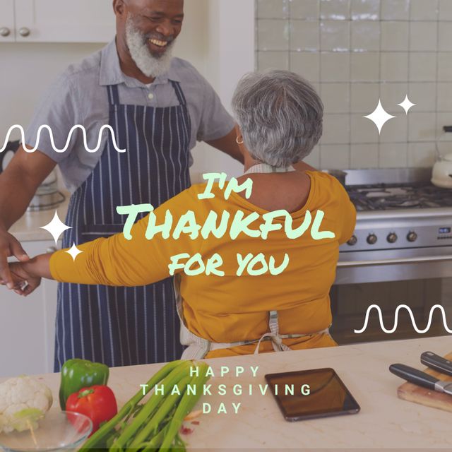 Senior African American couple joyfully dancing in kitchen while celebrating Thanksgiving. Perfect for depicting scenes of familial love, cheerful holiday gatherings, and expressions of gratitude. Suitable for use in holiday greeting cards, social media posts about Thanksgiving, and promotional materials for festive content.