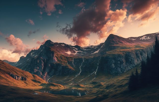 Scenic landscape with mountains, streams and sky with clouds, created using generative ai technology. Scenery and beauty in nature concept digitally generated image.