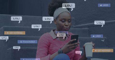African American Woman Engaged with Social Media Notifications
