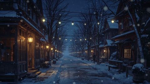 Winter Night in Cozy Village with Snow and Warm Lights