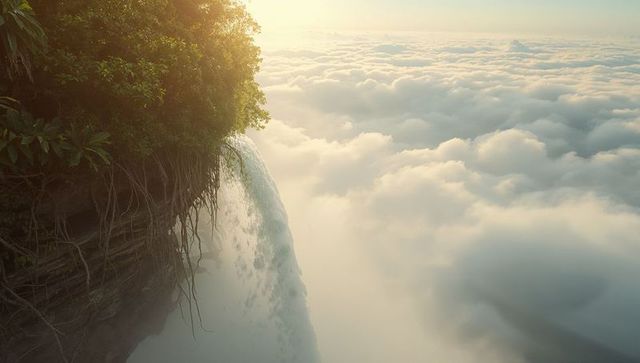 Majestic waterfall above the clouds at sunrise