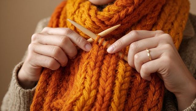 Cozy hands knitting chunky orange scarf with wooden needles and gold ring