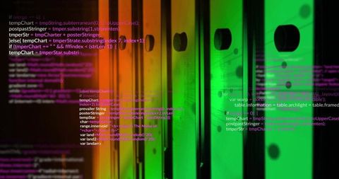 Glowing server racks with overlay code in dark data center