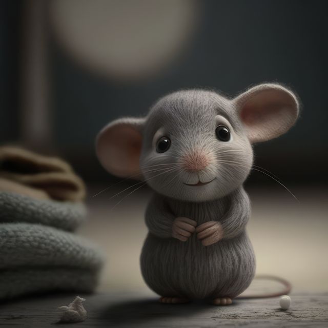 An extremely adorable cartoon mouse with large, expressive eyes and a gentle smile is sitting indoors in a cozy, dimly lit room. Perfect for children's books, animation projects, heartwarming merchandise, wallpapers, and playful illustrations. The soft colors and warm lighting create a whimsical and inviting atmosphere.