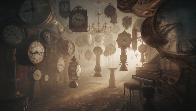 Antique clocks and chandelier in vintage parlor setting