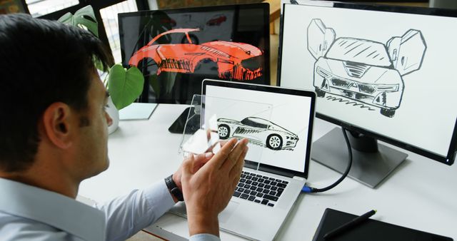 Engineer Designing Concept Cars Using Computer Screens and Sketches - Download Free Stock Images Pikwizard.com