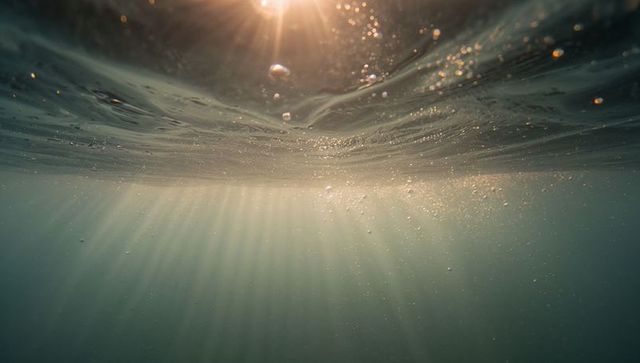 Sunlight streaming into ocean depths with bubbles and particles