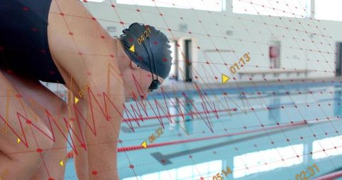 Mature swimmer preparing at pool edge with digital performance analytics overlay