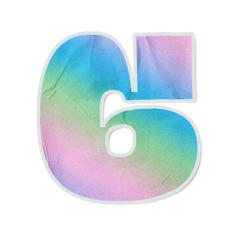 Transparent pastel watercolor sticker numeral 6 with paper texture, crease, white outline