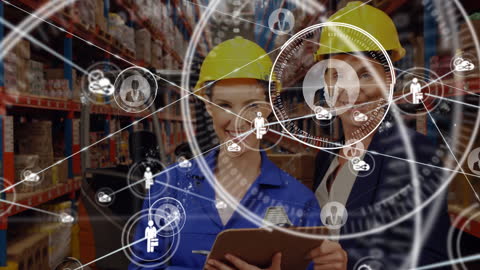 Diverse Workers in Warehouse Integrating Digital Connections