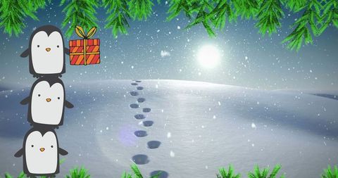 Tower of cute penguins holding christmas gift in snowy winter landscape