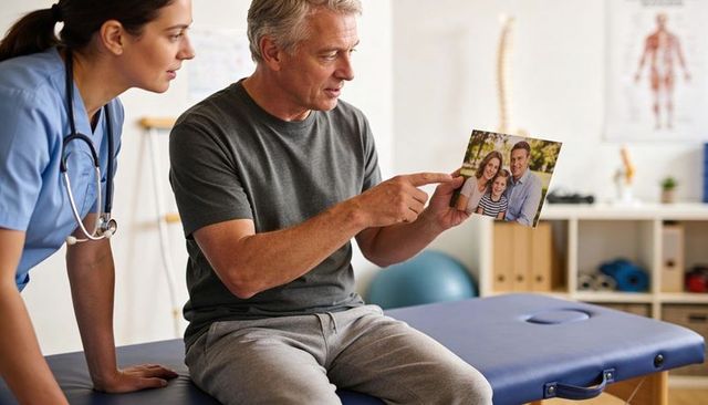 Senior man pointing at family portrait during rehabilitation consultation with nurse