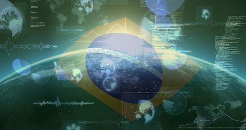 Brazilian flag emblem overlaying earth horizon with futuristic data hud visualization
