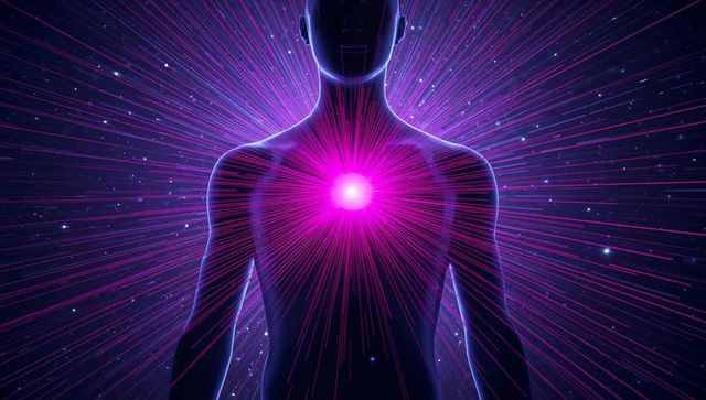 Human silhouette radiating magenta heart energy with neon radial rays in cosmic starfield