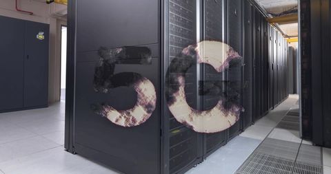 5g overlay on modern server room representing high-tech connectivity