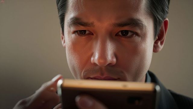 Asian professional speaking into smartphone during focused closeup corporate headshot