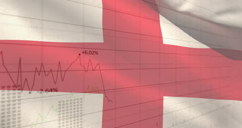 Visual merging financial data graphics with England flag suggests economic analysis. Useful for reports on England's economy, market evolution, or economic trends studies.