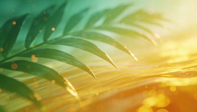 Sunlit tropical palm frond dancing above shimmering golden water with bokeh light