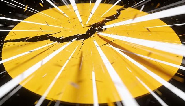 Cracked yellow disc radiating glass shards with dramatic white motion streaks