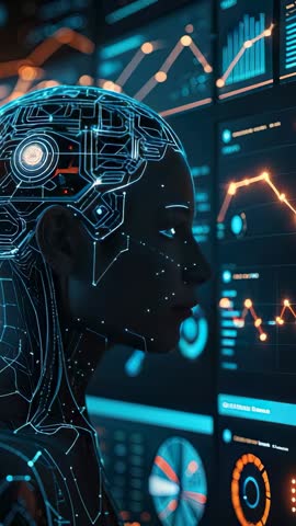 Cyborg Analyzing Real-Time Data Streams on Futuristic Digital Panels | Vertical Tech Video