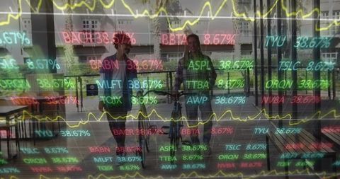 Global Finance Data Overlaying City and Professionals with Bicycles