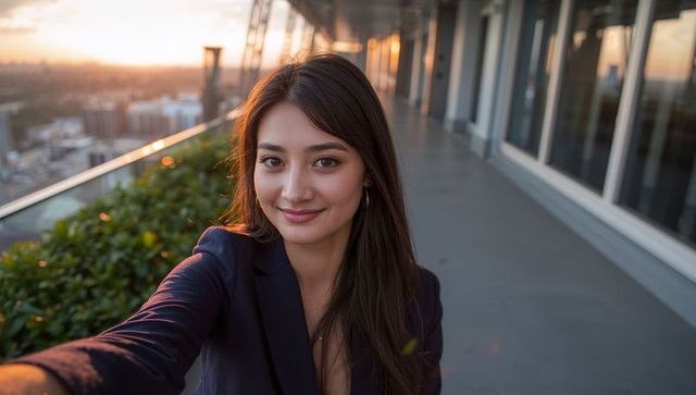 Smiling businesswoman taking rooftop selfie at sunset with city skyline and navy blazer
