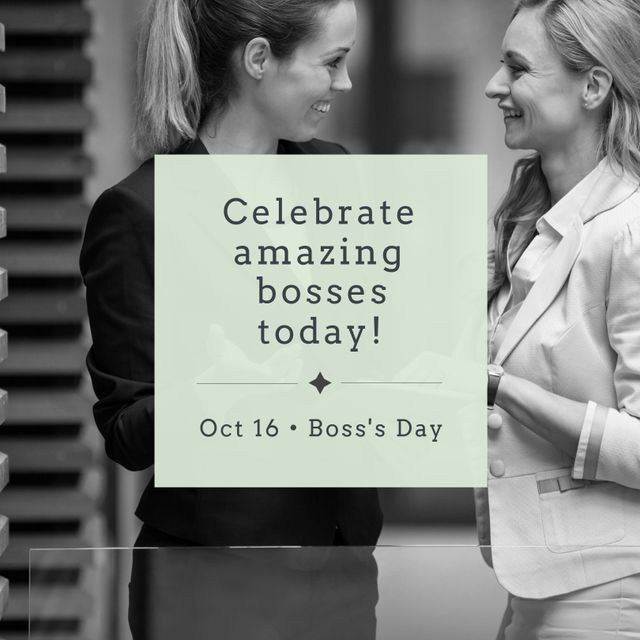 Two smiling female professionals in business attire engaged in a friendly conversation. Ideal for illustrating workplace appreciation, team-building events, and Boss's Day celebrations on October 16th.