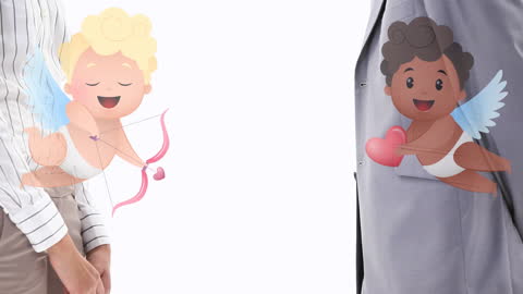 Two Cartoon Cupids Hovering Between Applauding Figures in Suits