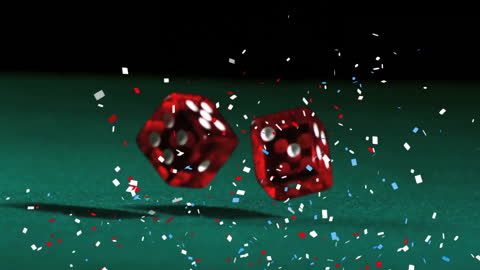 Dynamic Red Dice Rolling with Confetti in Mid-Air