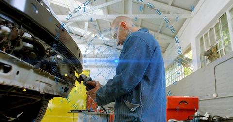 Grinding mechanic using augmented reality hud for bumper repair in daylight workshop