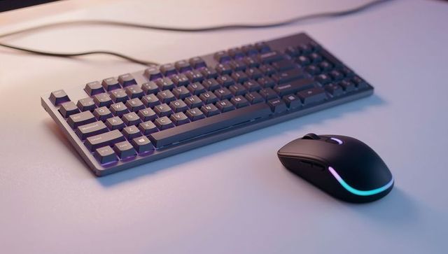Compact mechanical keyboard and rgb gaming mouse on minimal desk with soft led lighting