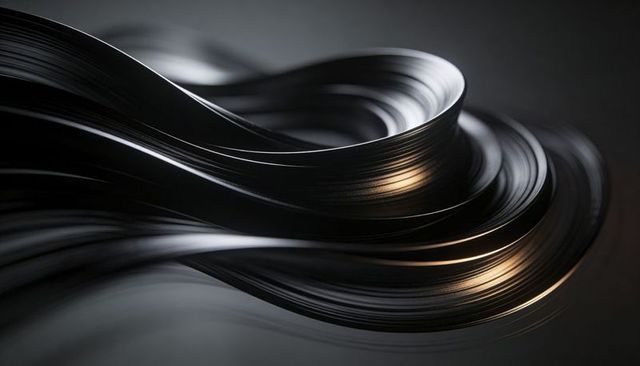 Looping Dark Metallic Ribbons with Gold Highlights and Fine Grooves Abstract Sculpture