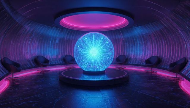 Futuristic Chamber with Holographic Data Orb and Neon Illumination