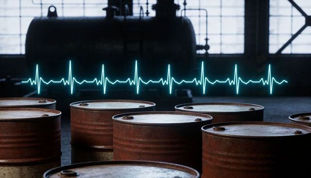 Rusty industrial drums lining warehouse with cyan ecg heartbeat pulse overlay
