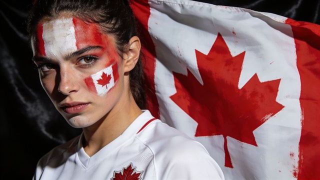 Determined canadian fan with maple leaf face paint and flag backdrop