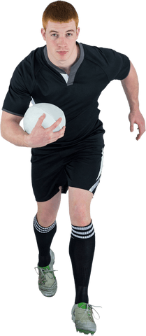 Rugby player sprinting forward with rugby ball transparent